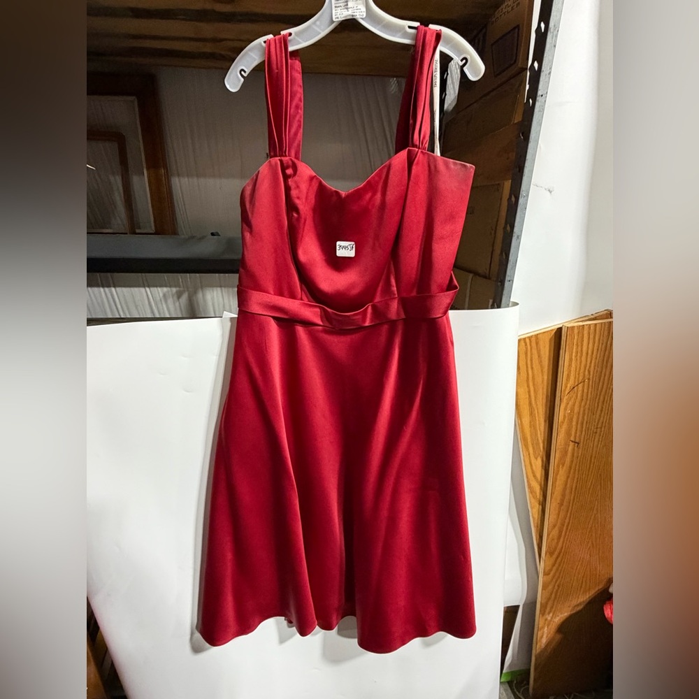 #3445JF-David's Bridal Red Satin Midi Dress with Wide Straps